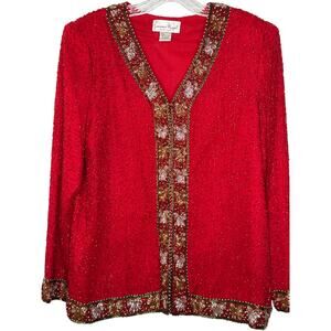 Vintage Laurence Kazer Silk beaded red formal cardigan Jacket Coat hoilday large